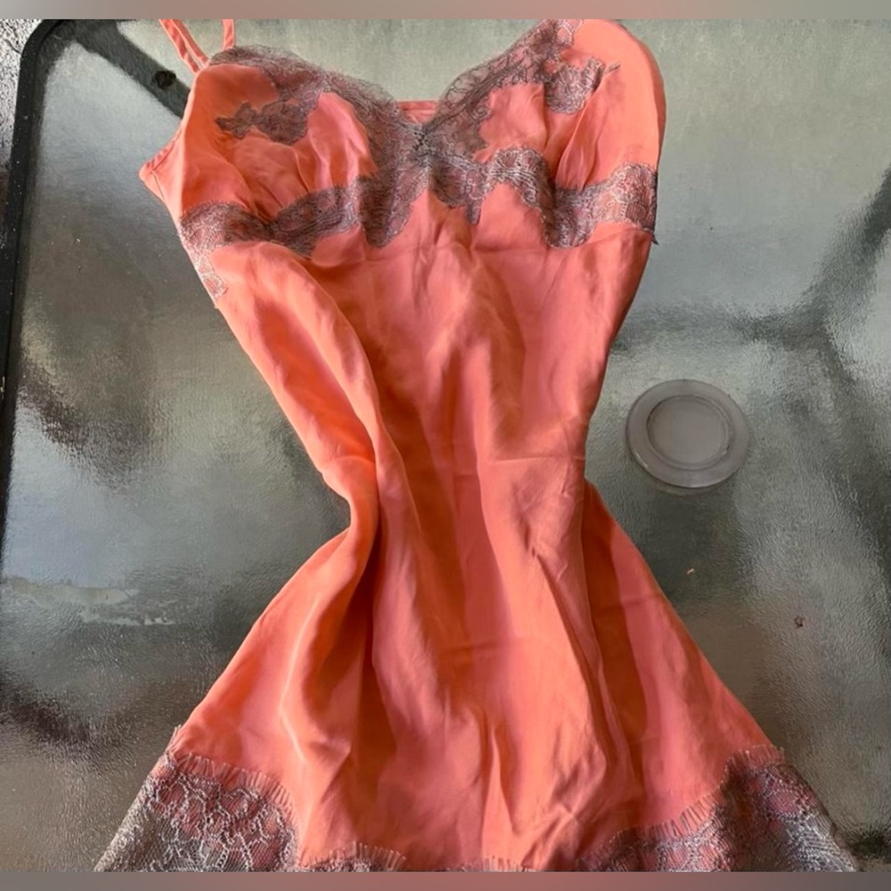 peach pinkish lace dress.